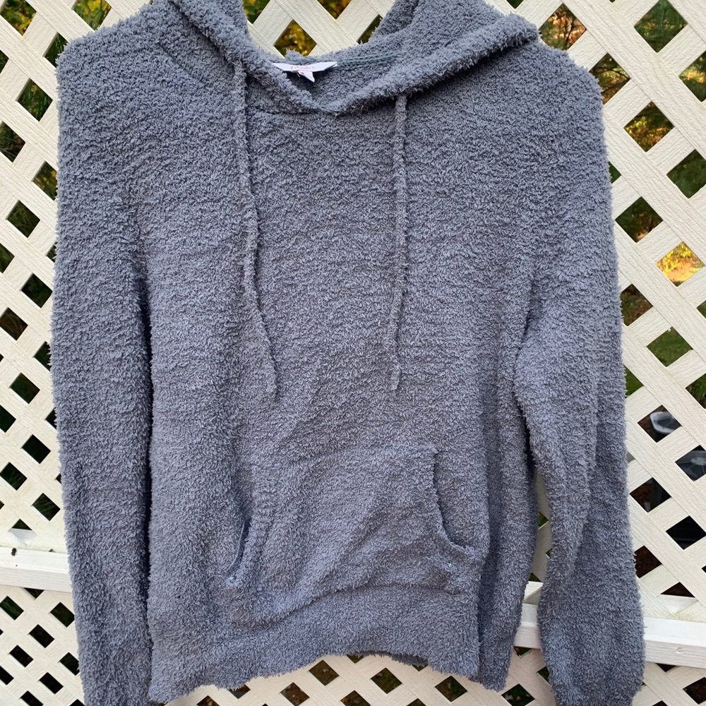 blue-grey fuzzy hoodie